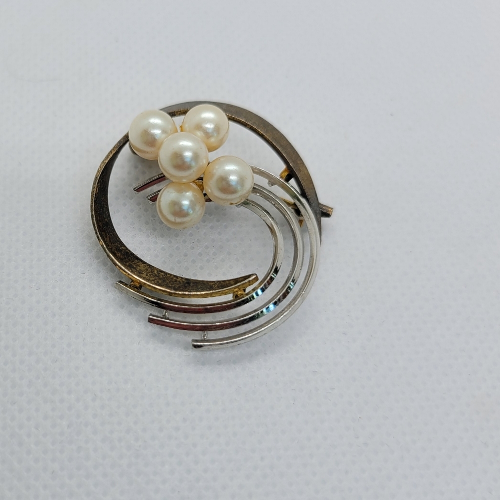 Sterling Silver Brooch Pin Swirled Wire Faux Pearls Gold Tone